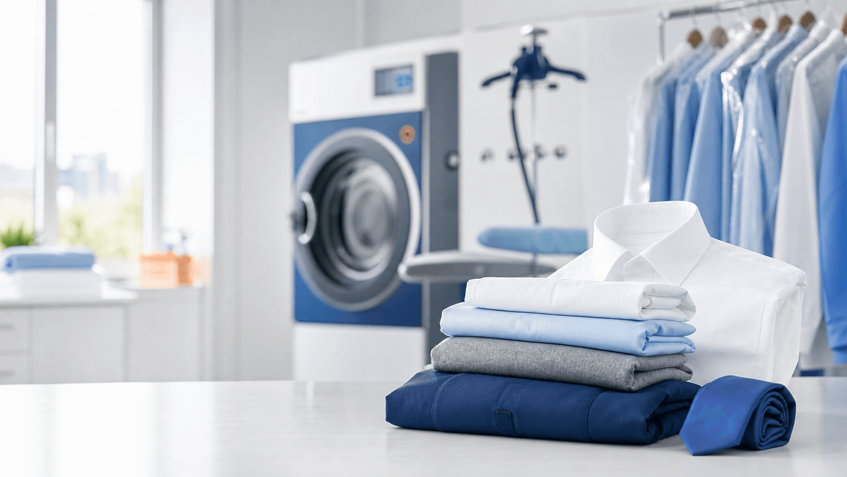 Linge propre plié dans un pressing moderne